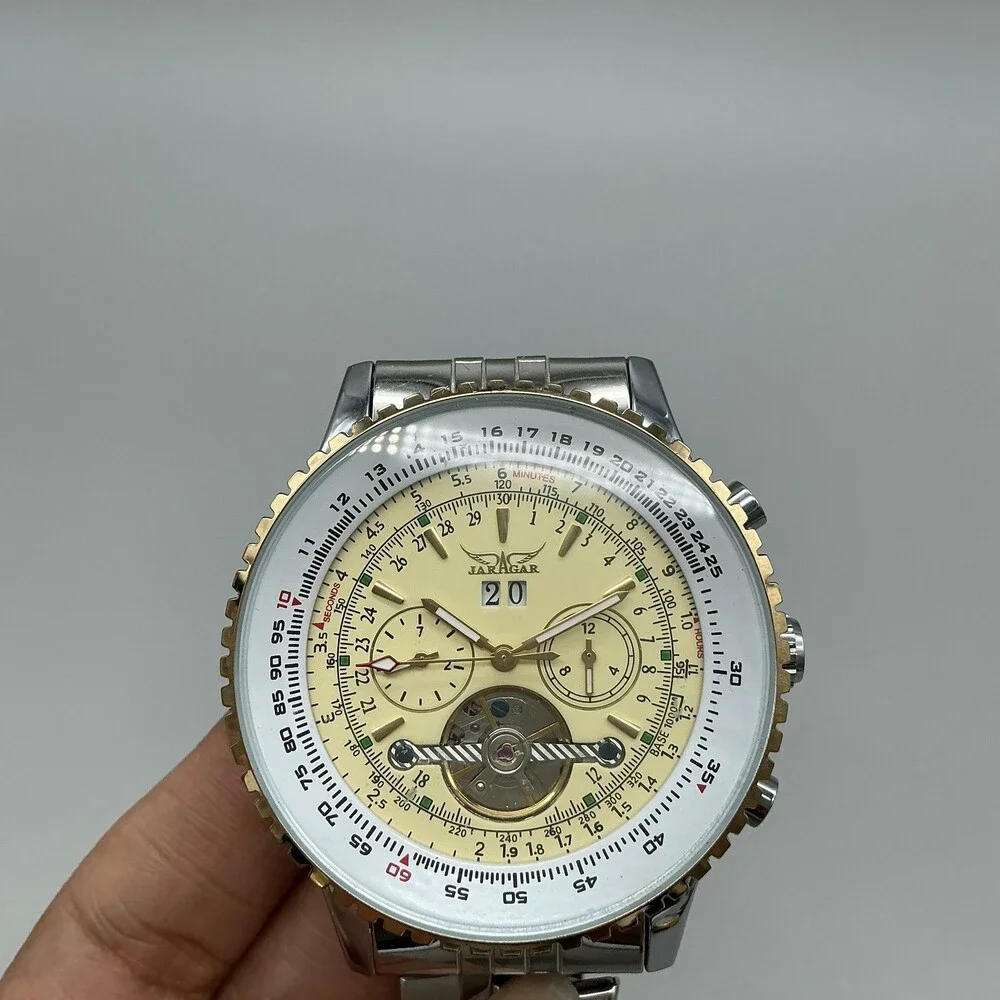 Jaragar Mens Watch 50mm Champagne Dial Automatic Skeleton Stainless Bracelet
